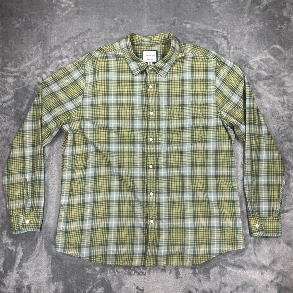 American Eagle Mens XXL Super Soft Flannel Shirt Green Blue Plaid Long Sleeve